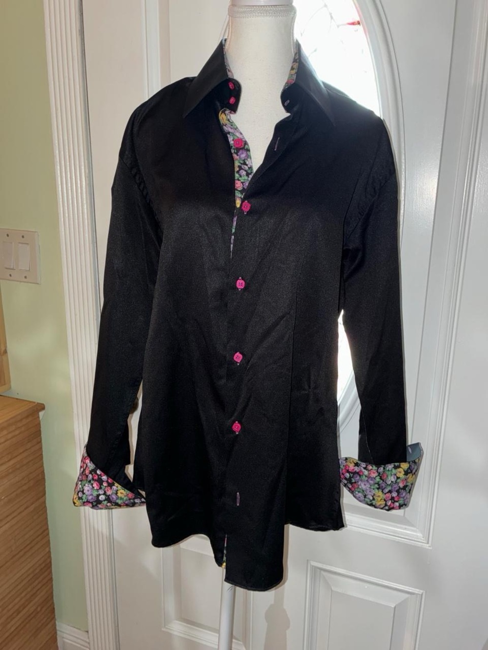 Men's Black Dress Shirt with Floral Trim and Pink Buttons